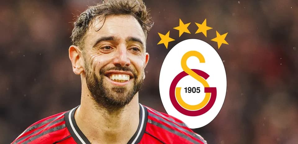 Bruno Fernandes smiling with Galatasaray logo behind