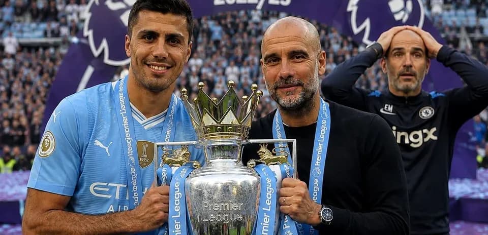 Rodri and Guardiola celebrating Premier League title
