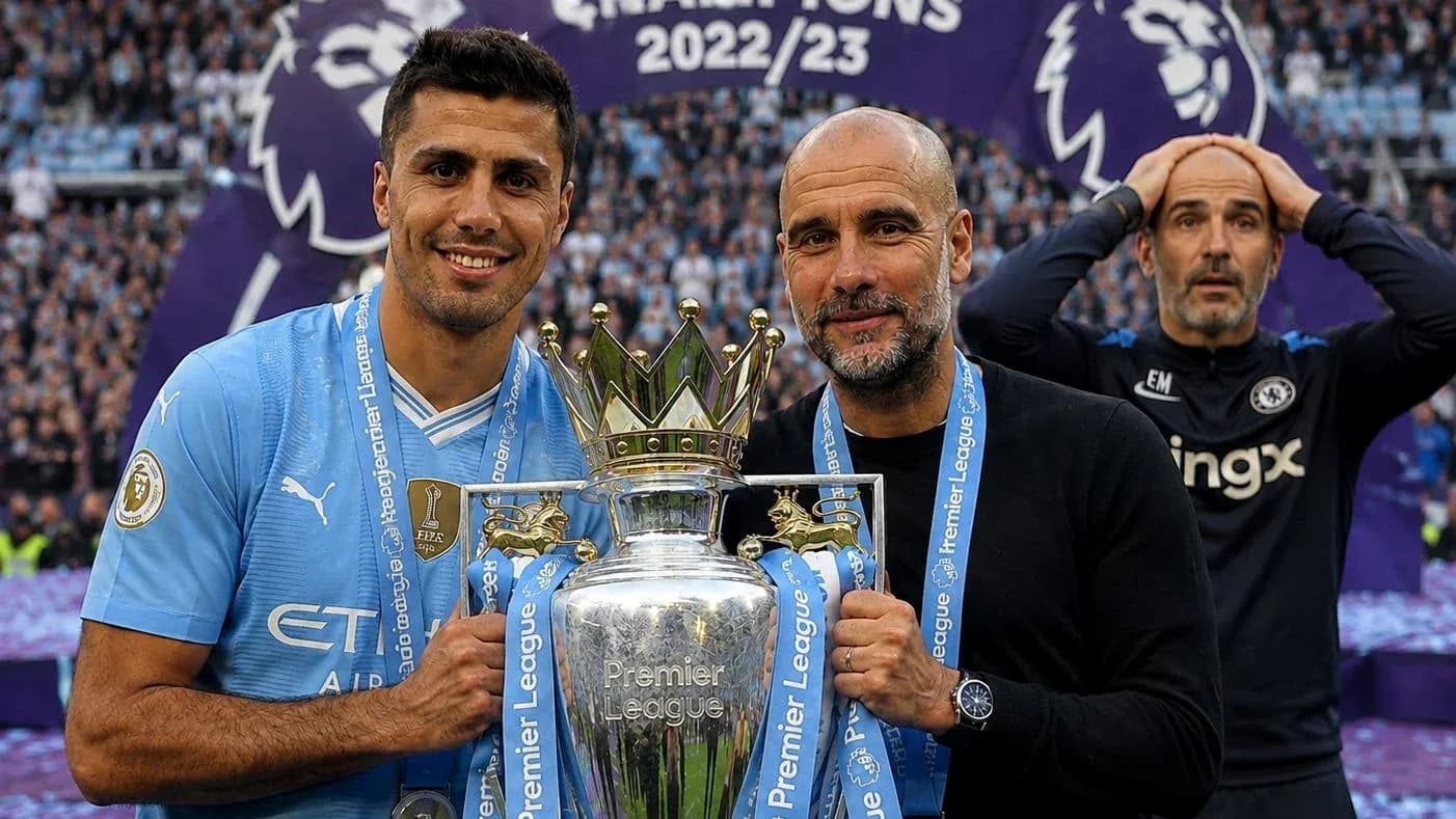 Rodri and Guardiola celebrating Premier League title