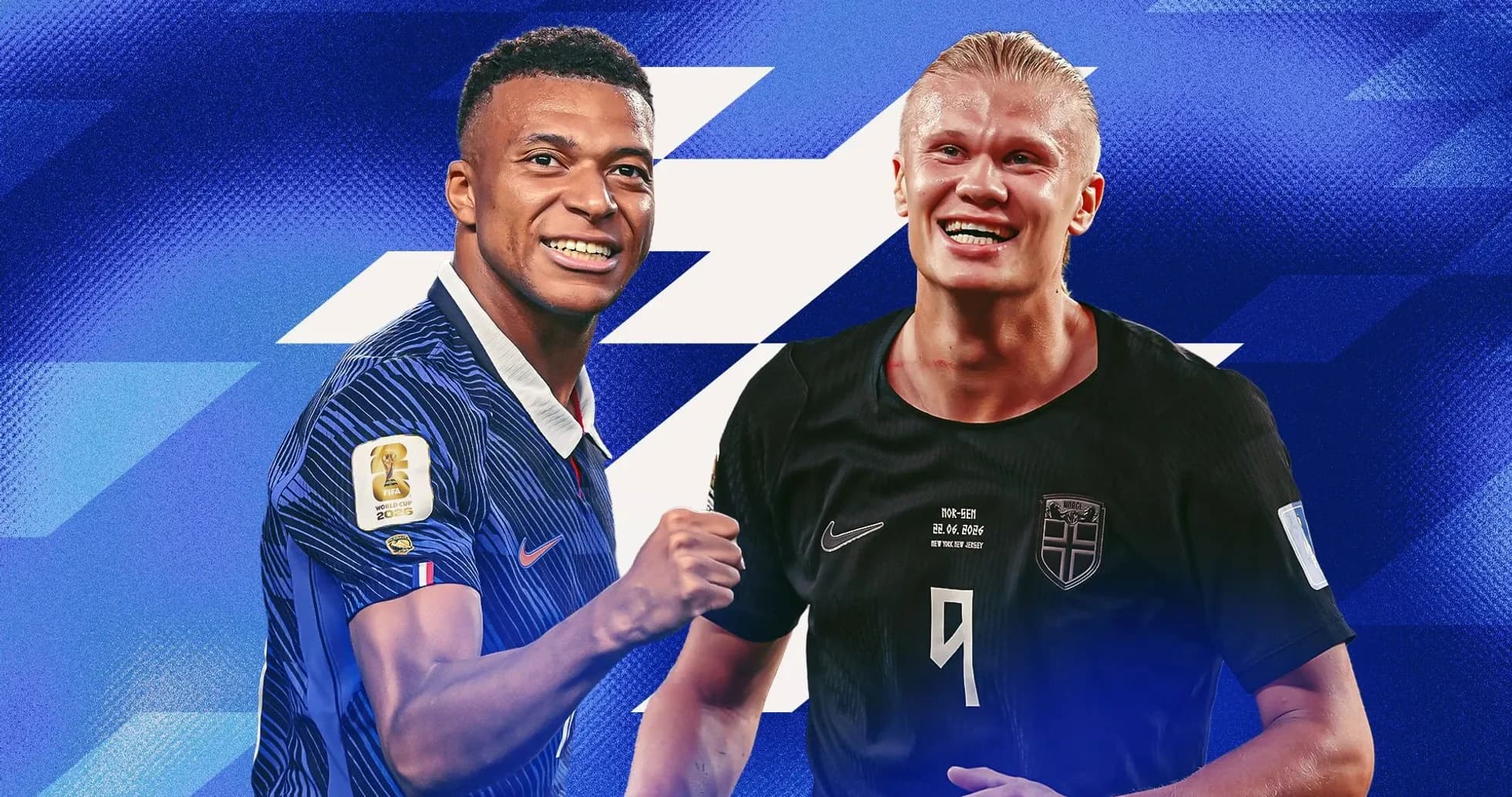 Kylian Mbappé and Erling Haaland celebrating in jerseys