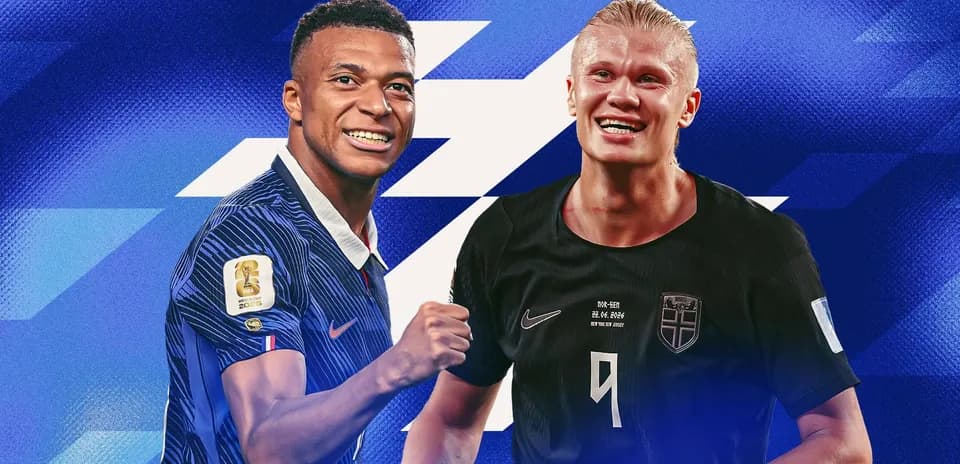 Kylian Mbappé and Erling Haaland celebrating in jerseys
