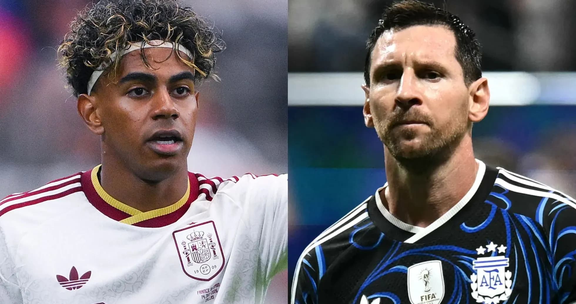 Two football players, one in Spain kit, one in Argentina kit