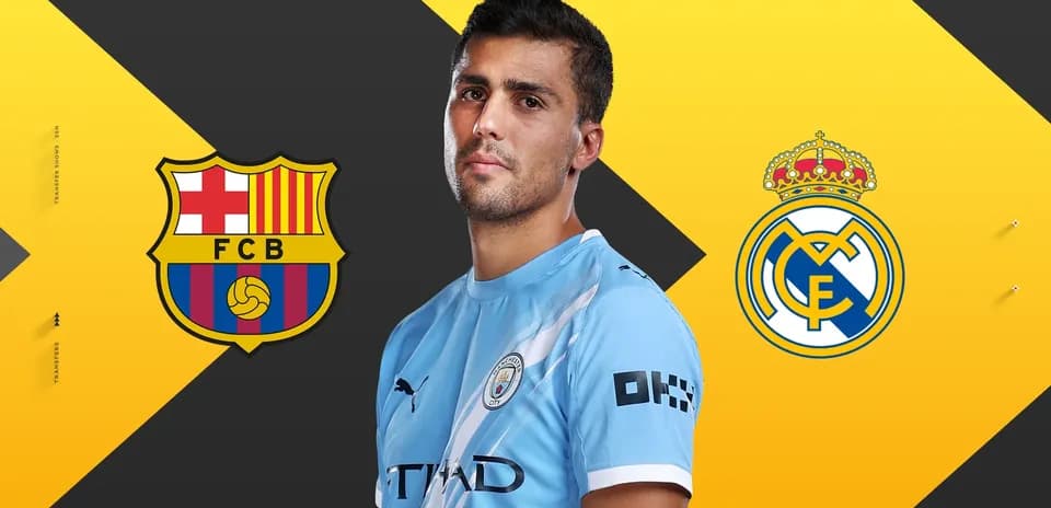 Football player with Barcelona and Real Madrid logos