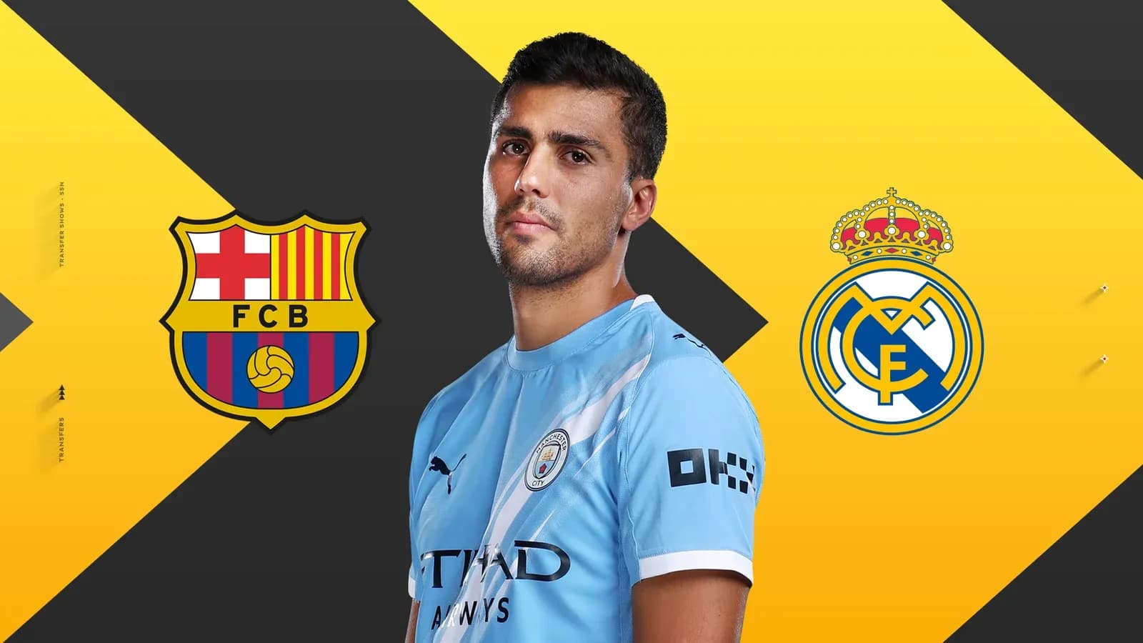 Football player with Barcelona and Real Madrid logos