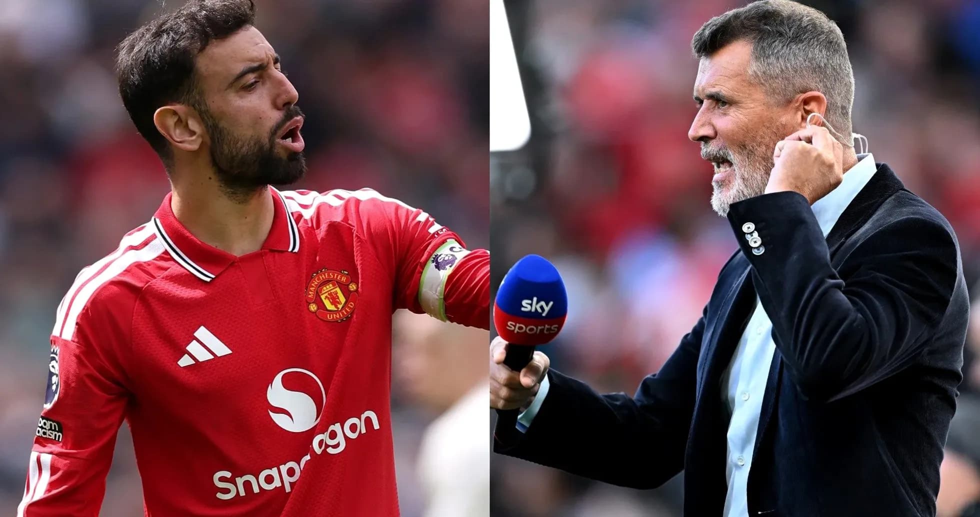 Bruno Fernandes gesturing, Roy Keane speaking on stage
