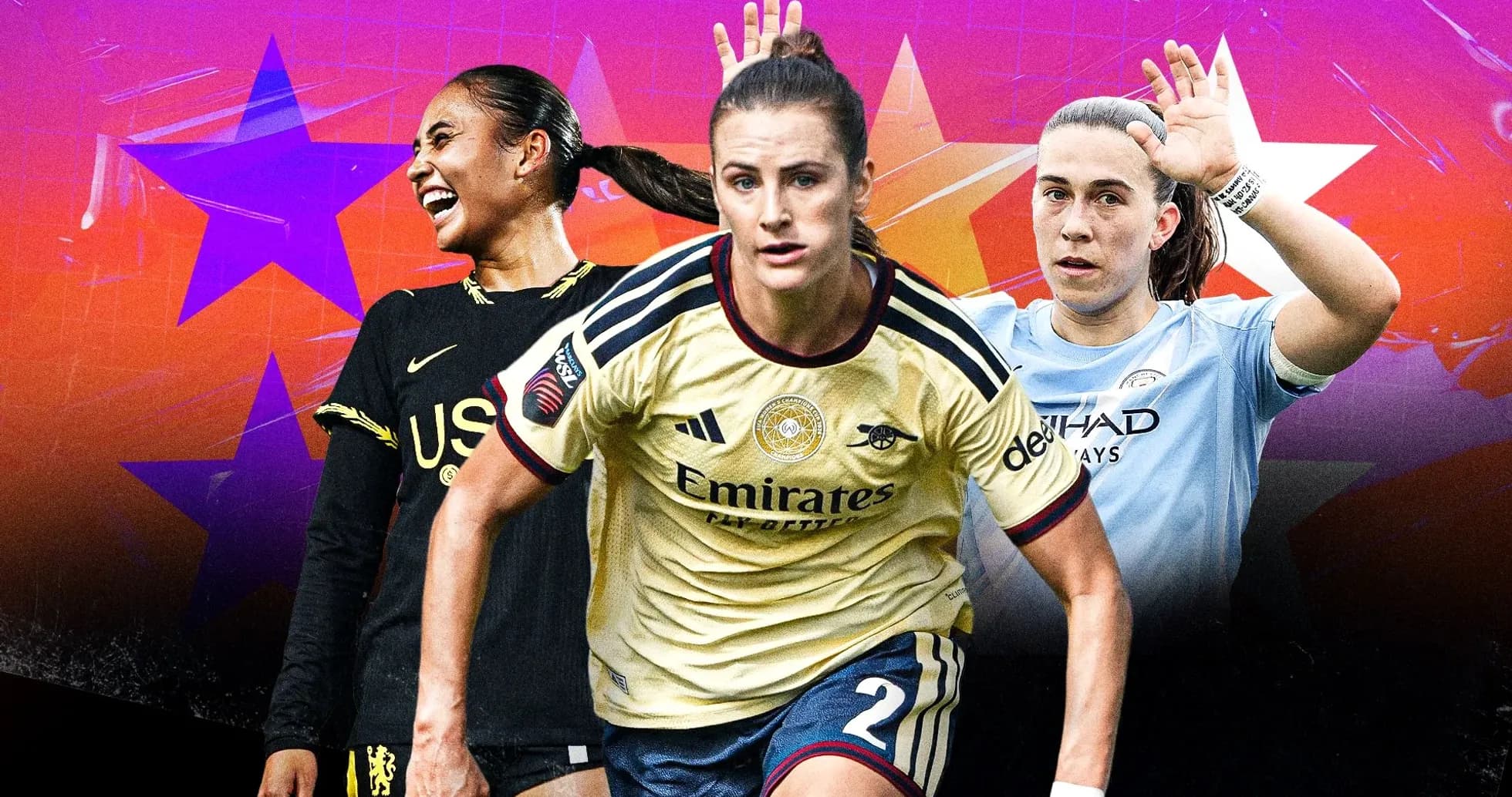 Three female football players in action poses