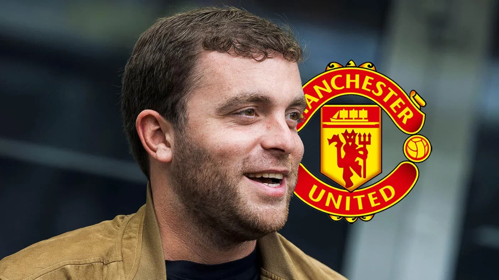 Person smiling with Manchester United logo in background