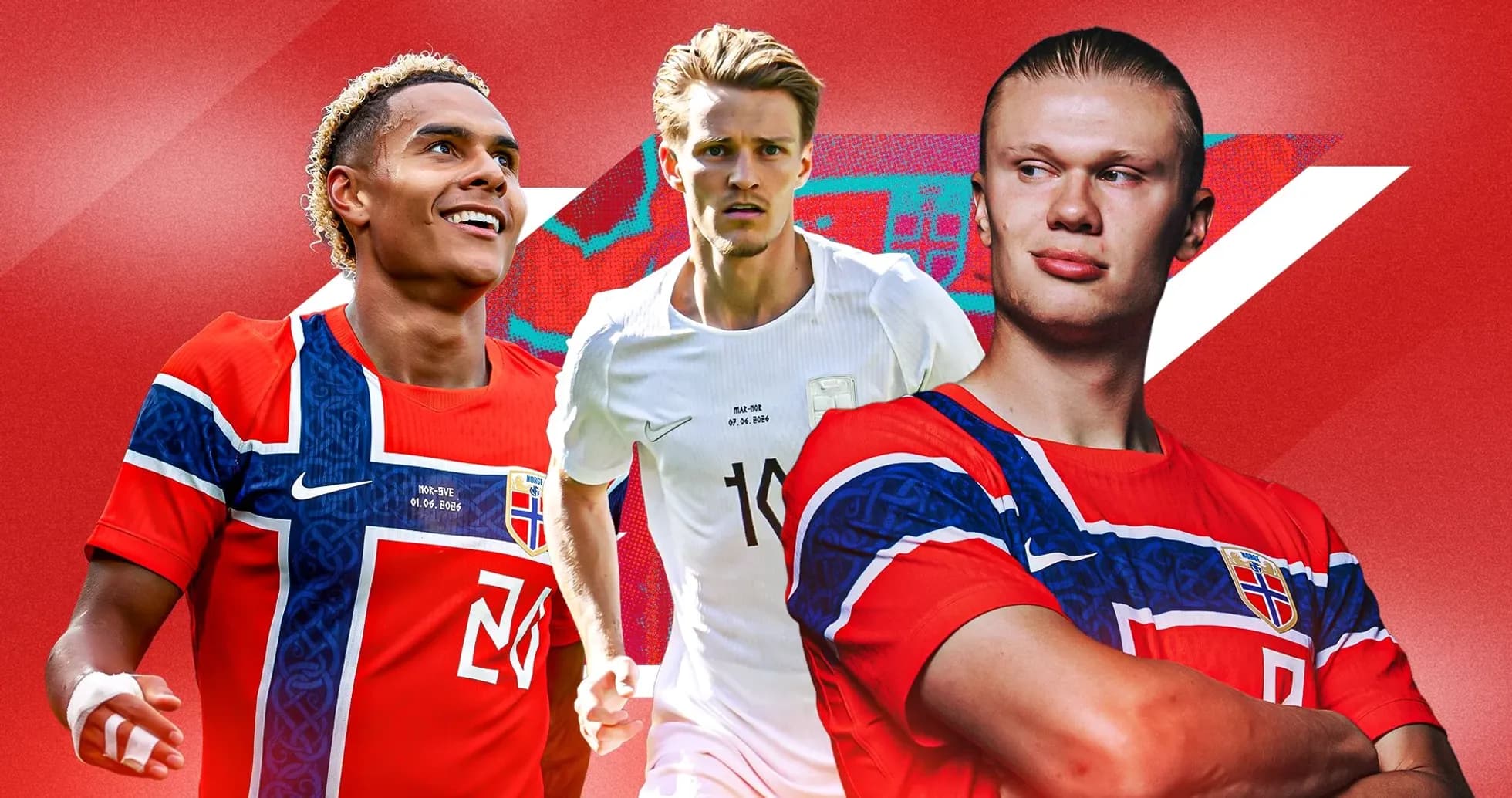 Three Norwegian football players in team jerseys