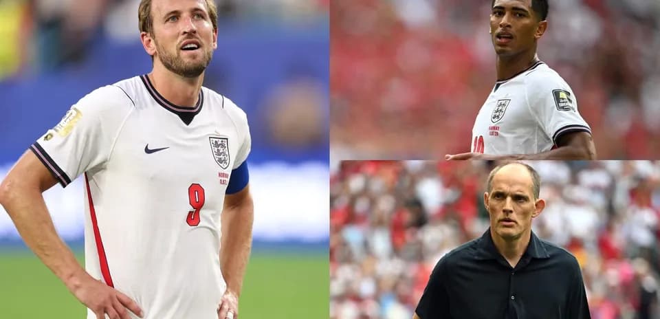 Three individuals: player and coach in England kits