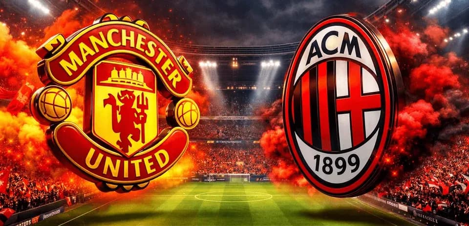 Logos of Manchester United and AC Milan on stadium backdrop