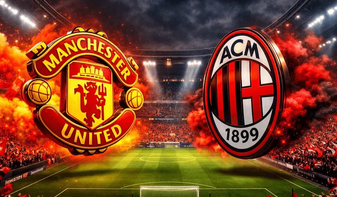 Logos of Manchester United and AC Milan on stadium backdrop