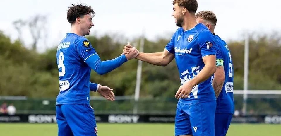 Players celebrating with handshake on the pitch