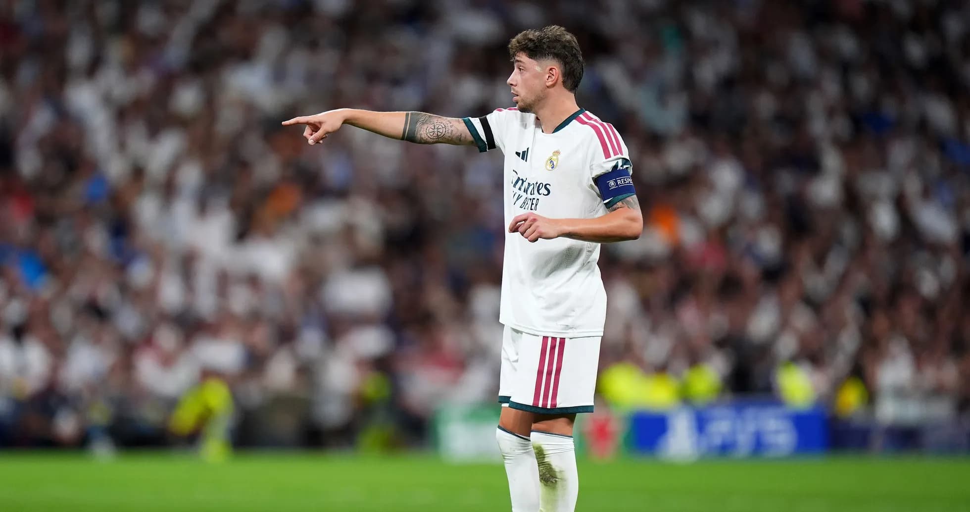Player pointing during a match for Real Madrid