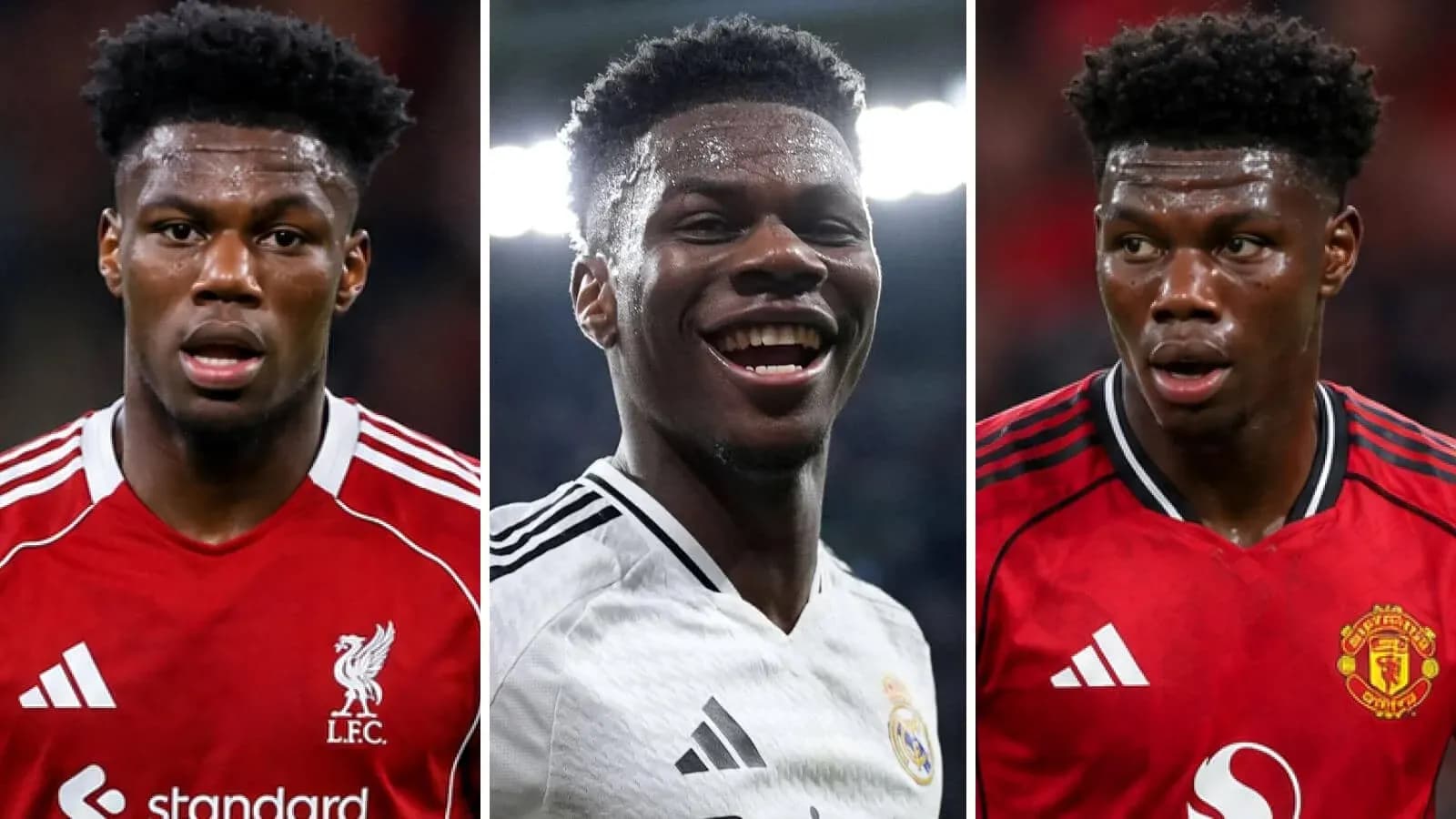 Player in jerseys of Liverpool, Real Madrid, and Manchester United