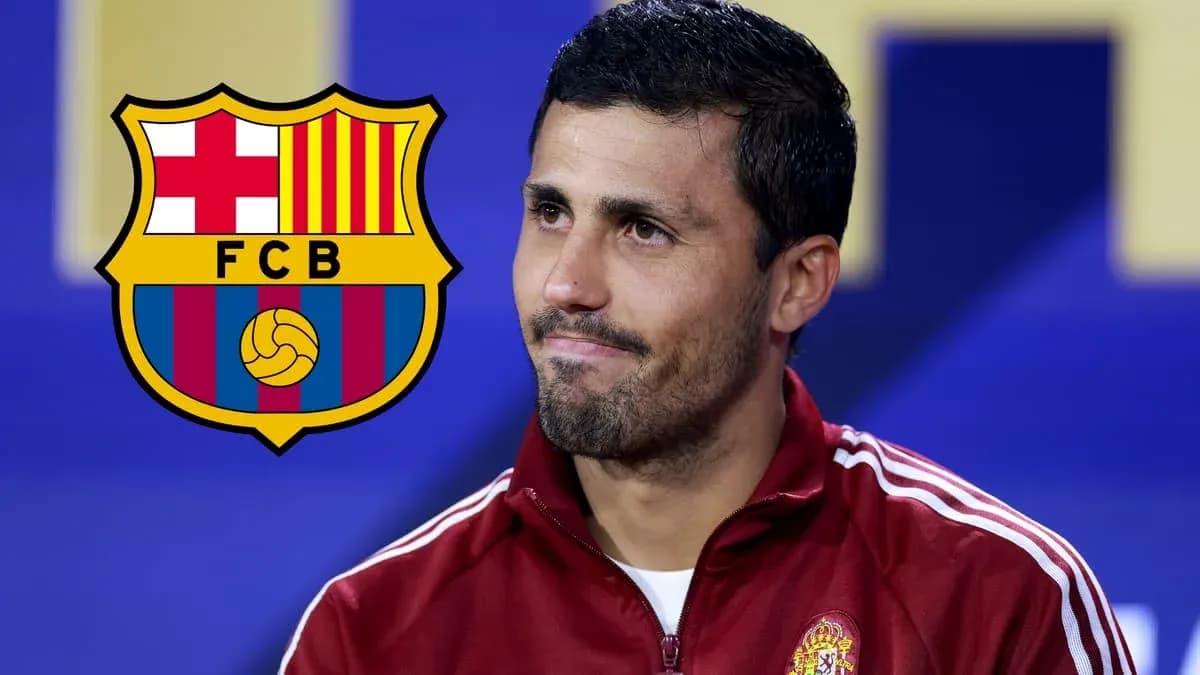Player speaking at press conference with FC Barcelona logo