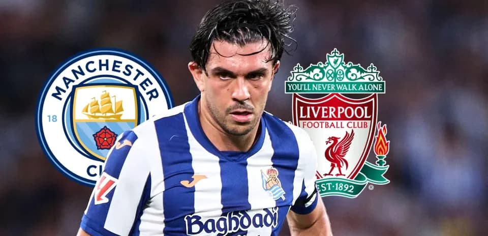 Player in action with Manchester City and Liverpool logos