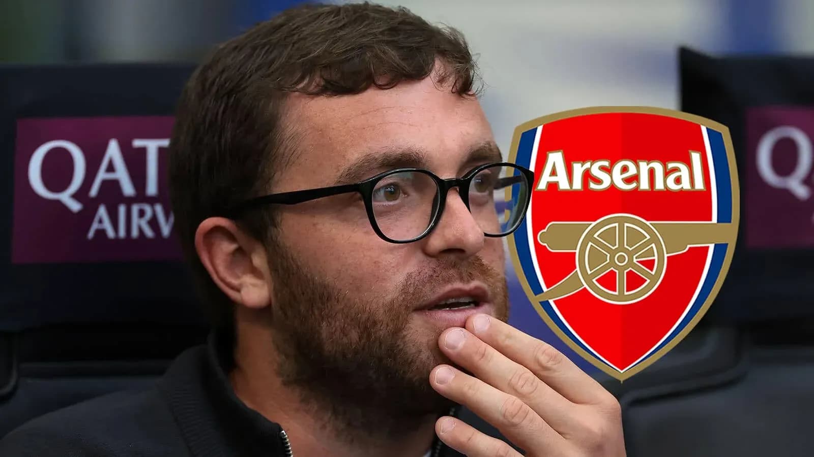 Person sitting with Arsenal logo in background