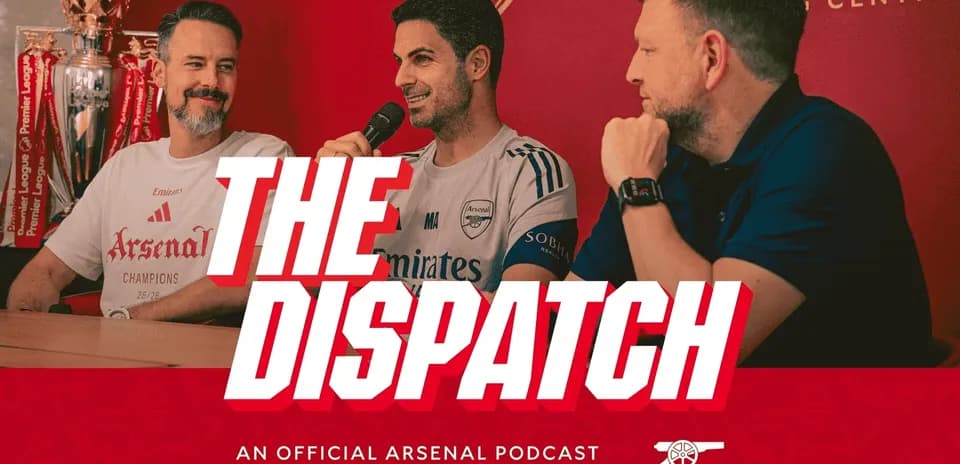 Podcast hosts discussing Arsenal in front of trophies