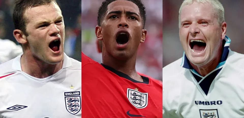 Three football players celebrating passionately in England jerseys