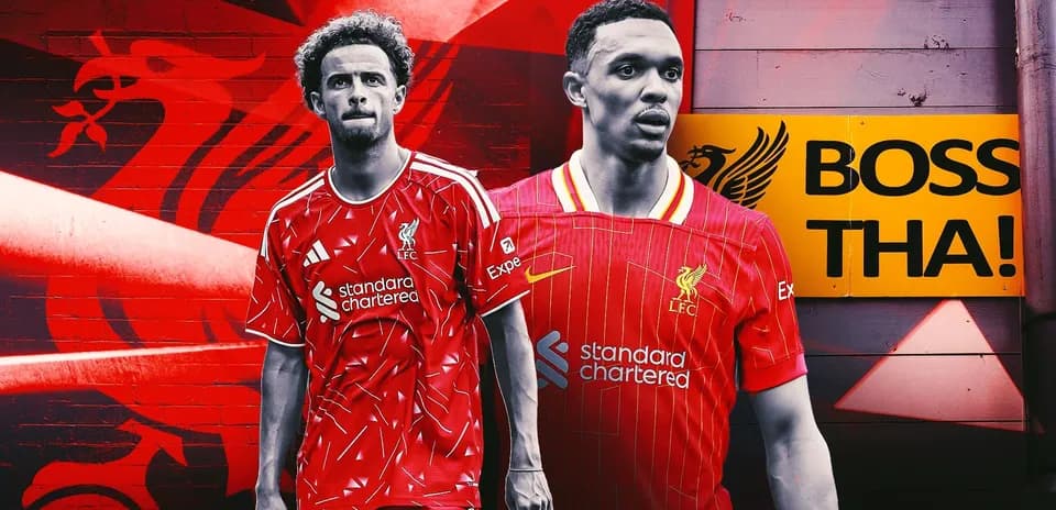 Two Liverpool players in red kits against vibrant background