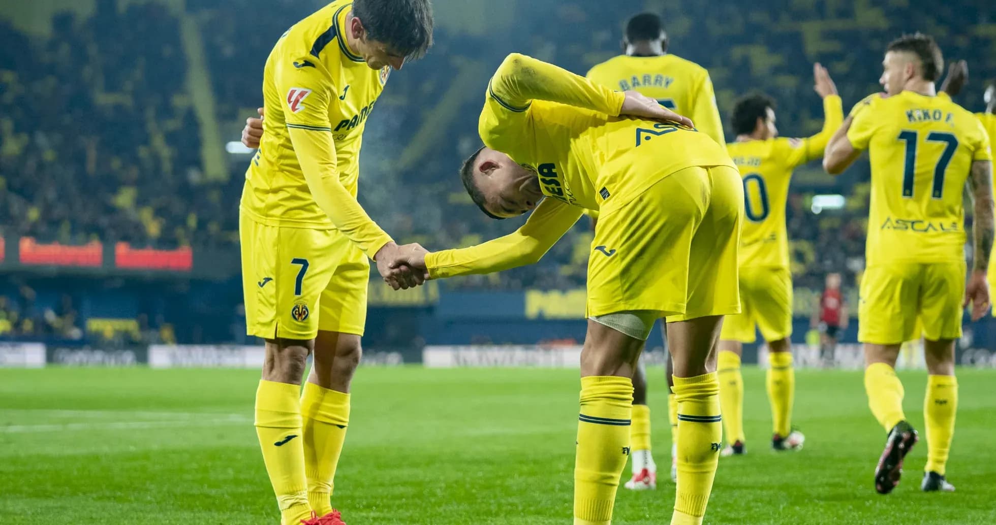 Villarreal players celebrating during La Liga match