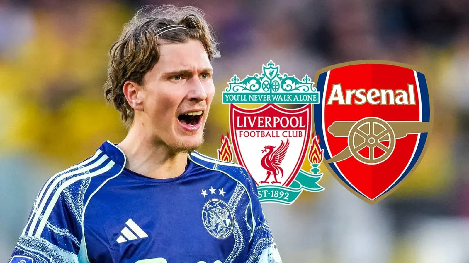 Goalkeeper celebrating with club logos of Liverpool and Arsenal