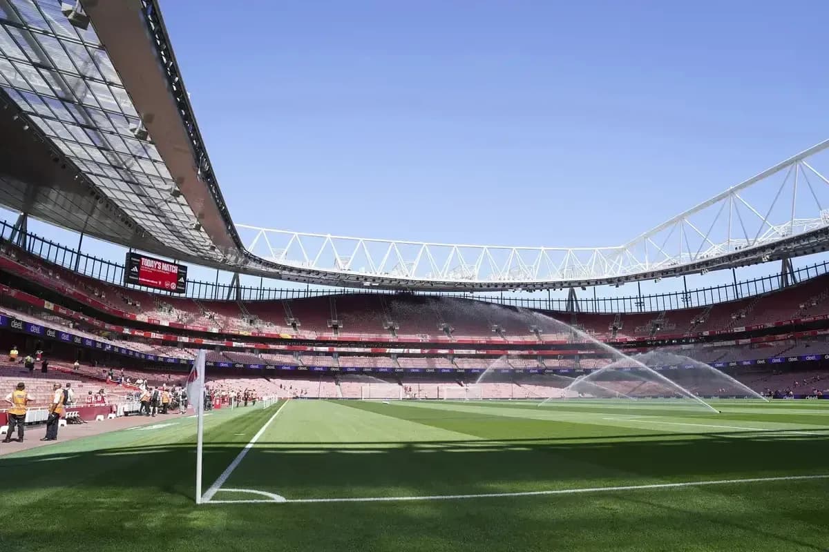 View of stadium with watering system in operation