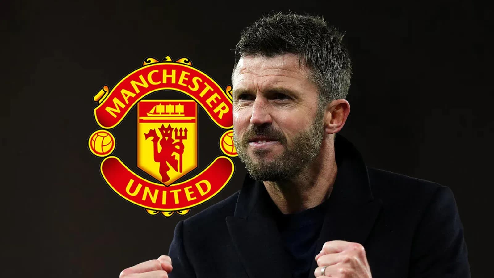 Man smiling with Manchester United logo in background