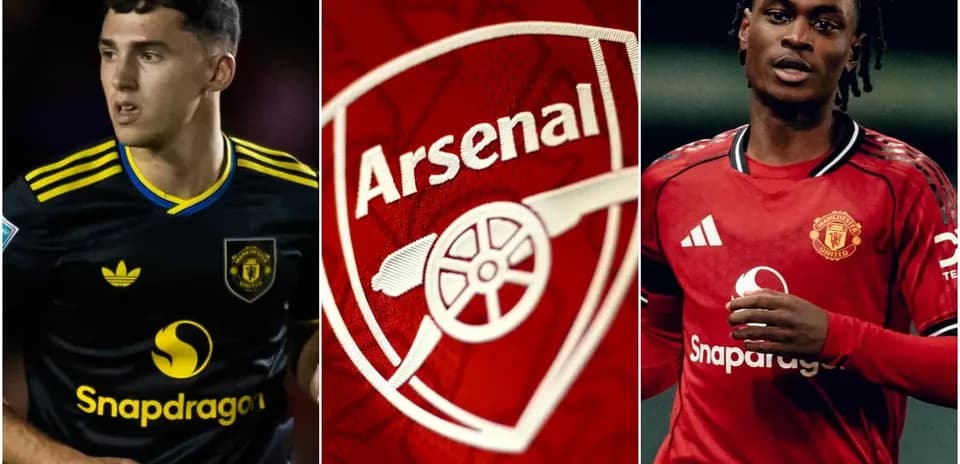 Players from Arsenal and Manchester United with club logos