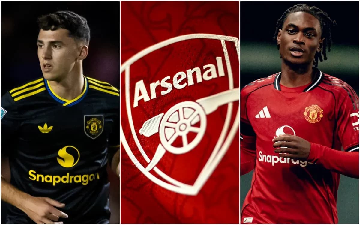 Players from Arsenal and Manchester United with club logos