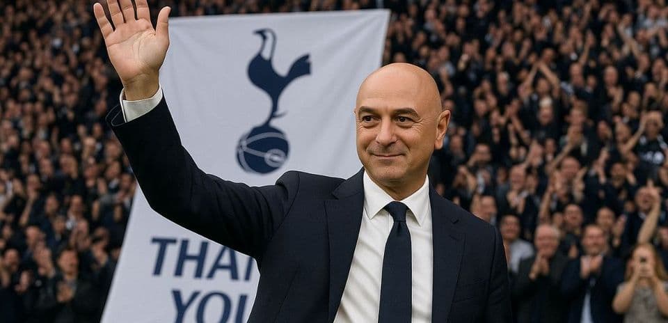 Executive waving at fans with Tottenham banner behind