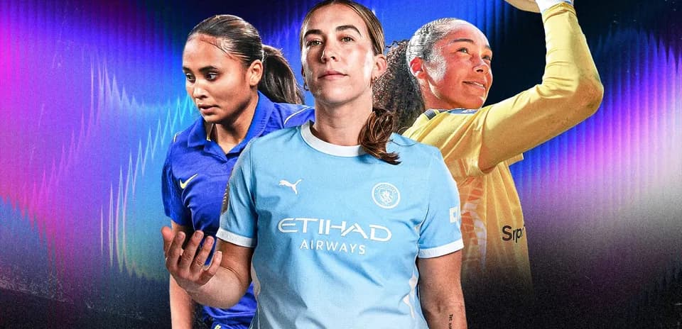 Three female soccer players in various poses