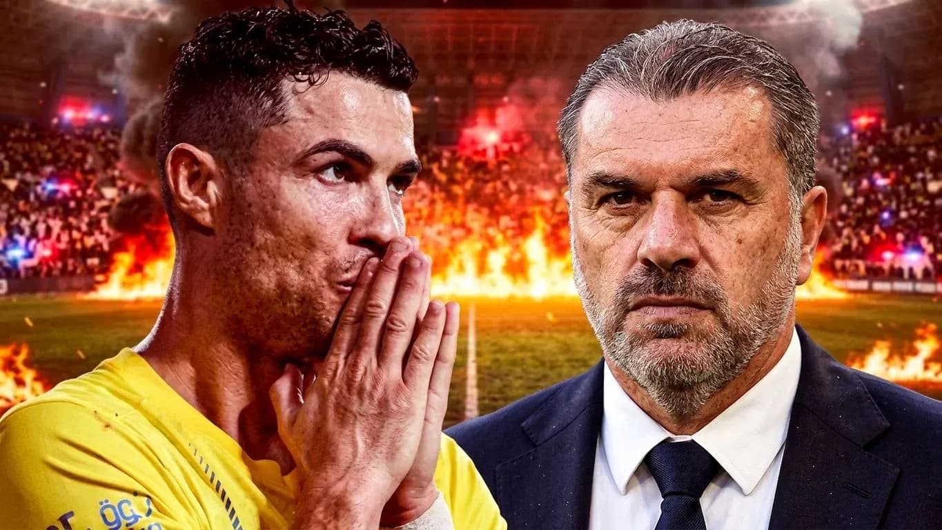 Cristiano Ronaldo and coach facing fiery stadium backdrop