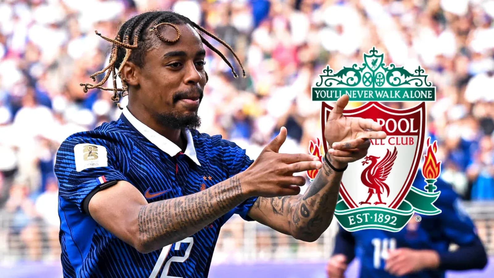 Player celebrating during match with Liverpool logo