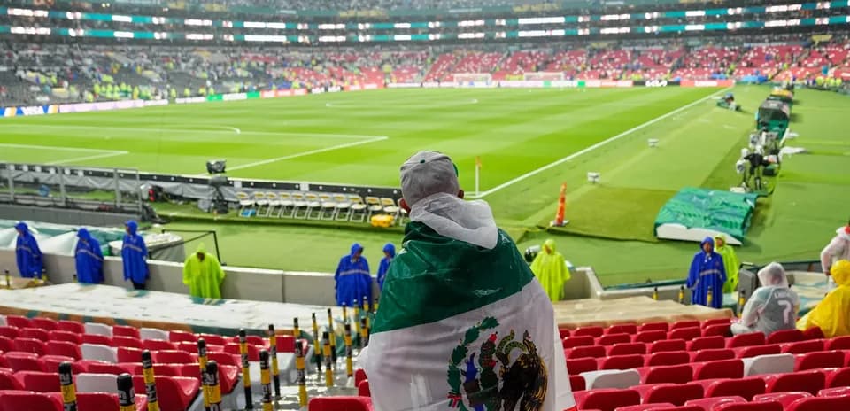 Fan wearing Mexican flag at football match