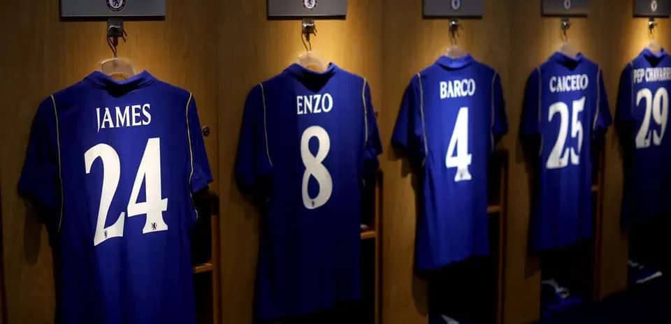 Chelsea jerseys hanging in players' locker room