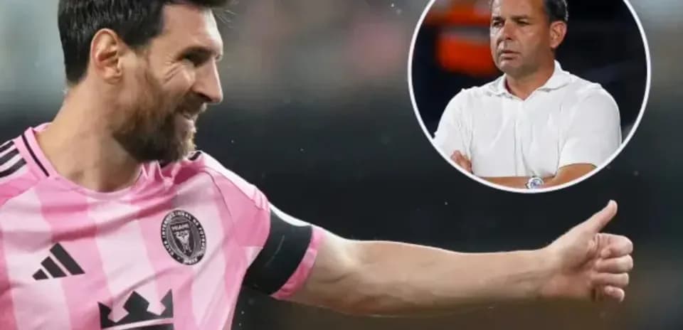 Lionel Messi celebrating during a match with coach in inset