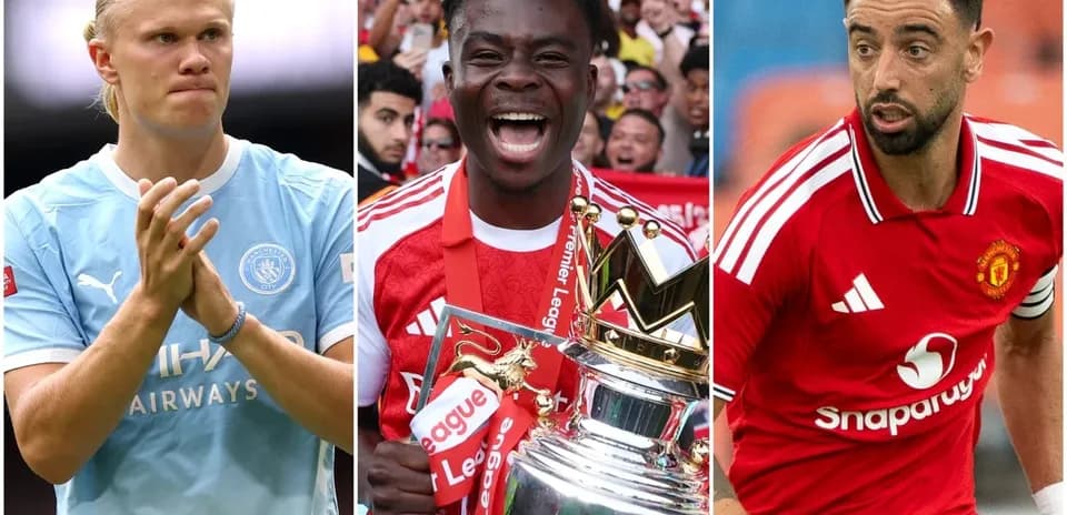 Three football players in club jerseys, holding trophies