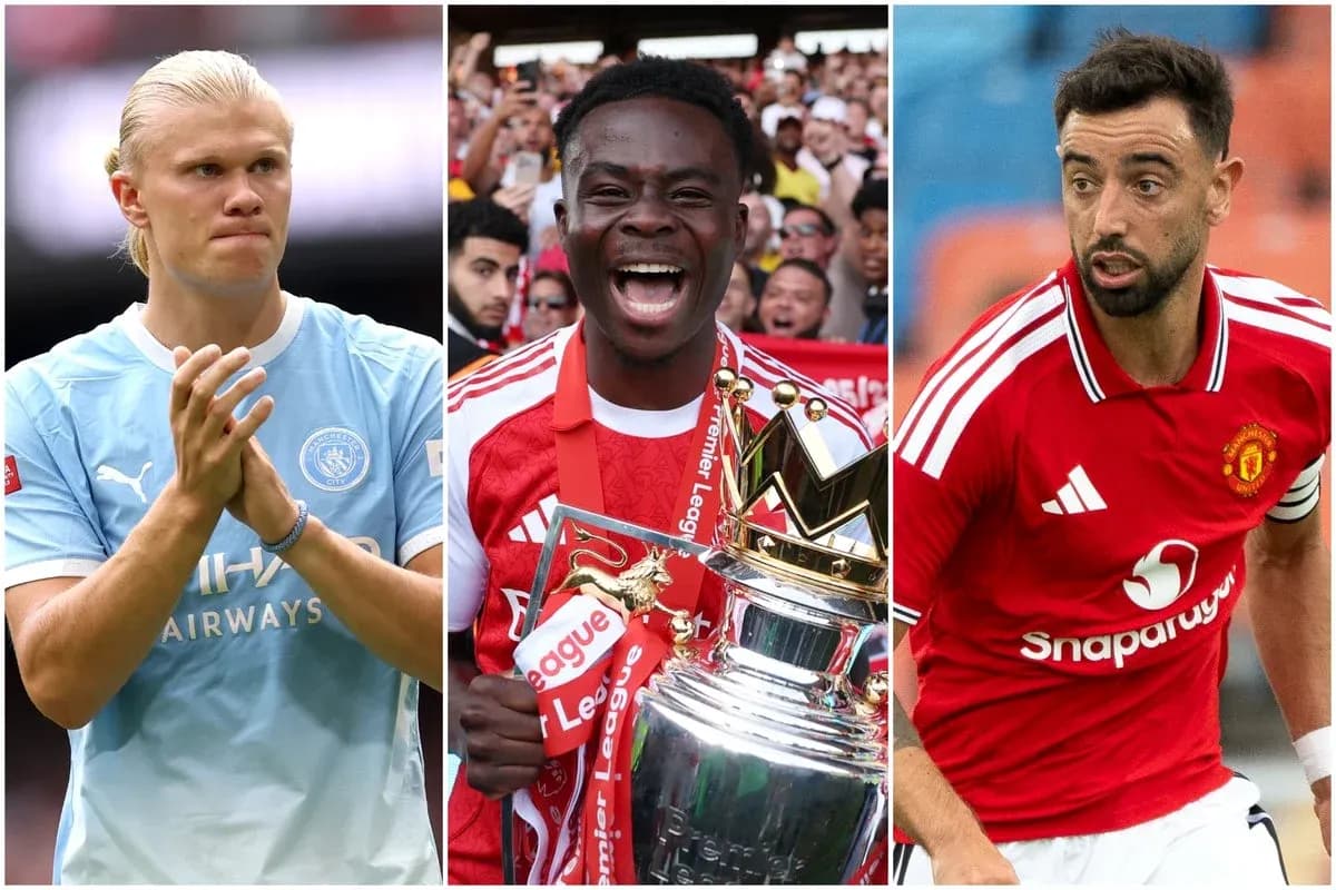 Three football players in club jerseys, holding trophies