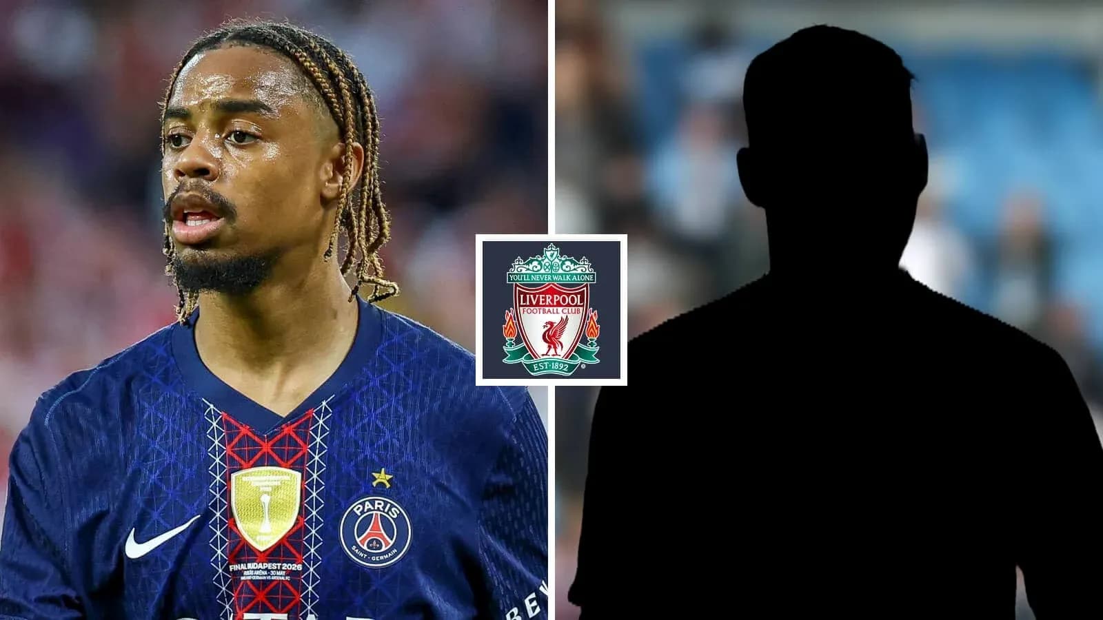 PSG player with Liverpool logo and silhouette background