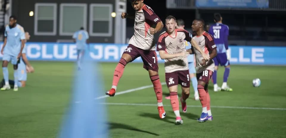 Detroit City players celebrating a goal