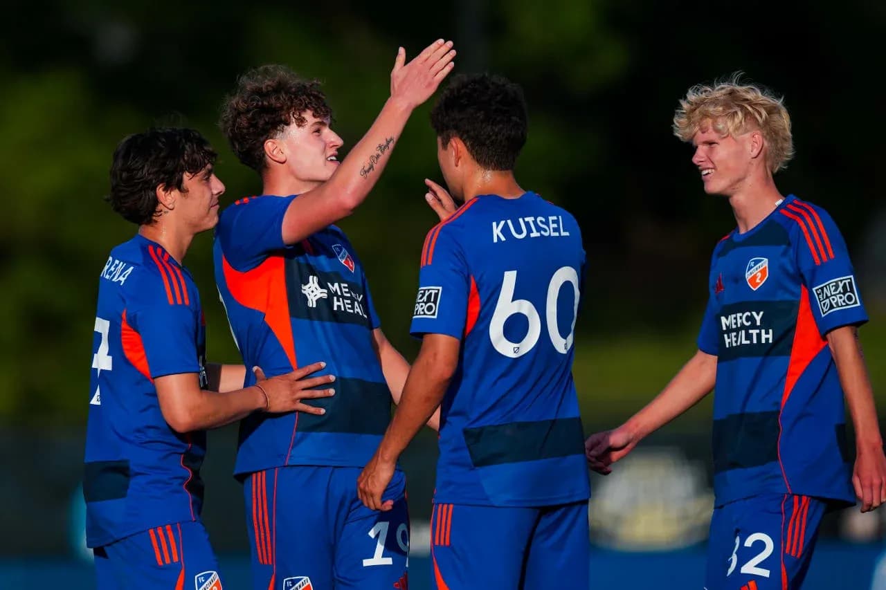 FC Cincinnati II players celebrating a goal