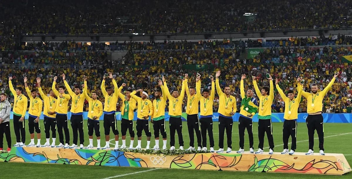 Brazilian football team celebrating on medal podium
