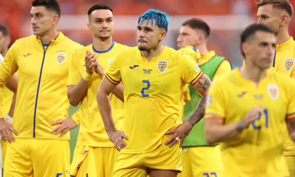 Romanian players in yellow jerseys after match