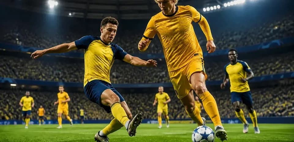 Players competing for the ball in Champions League match