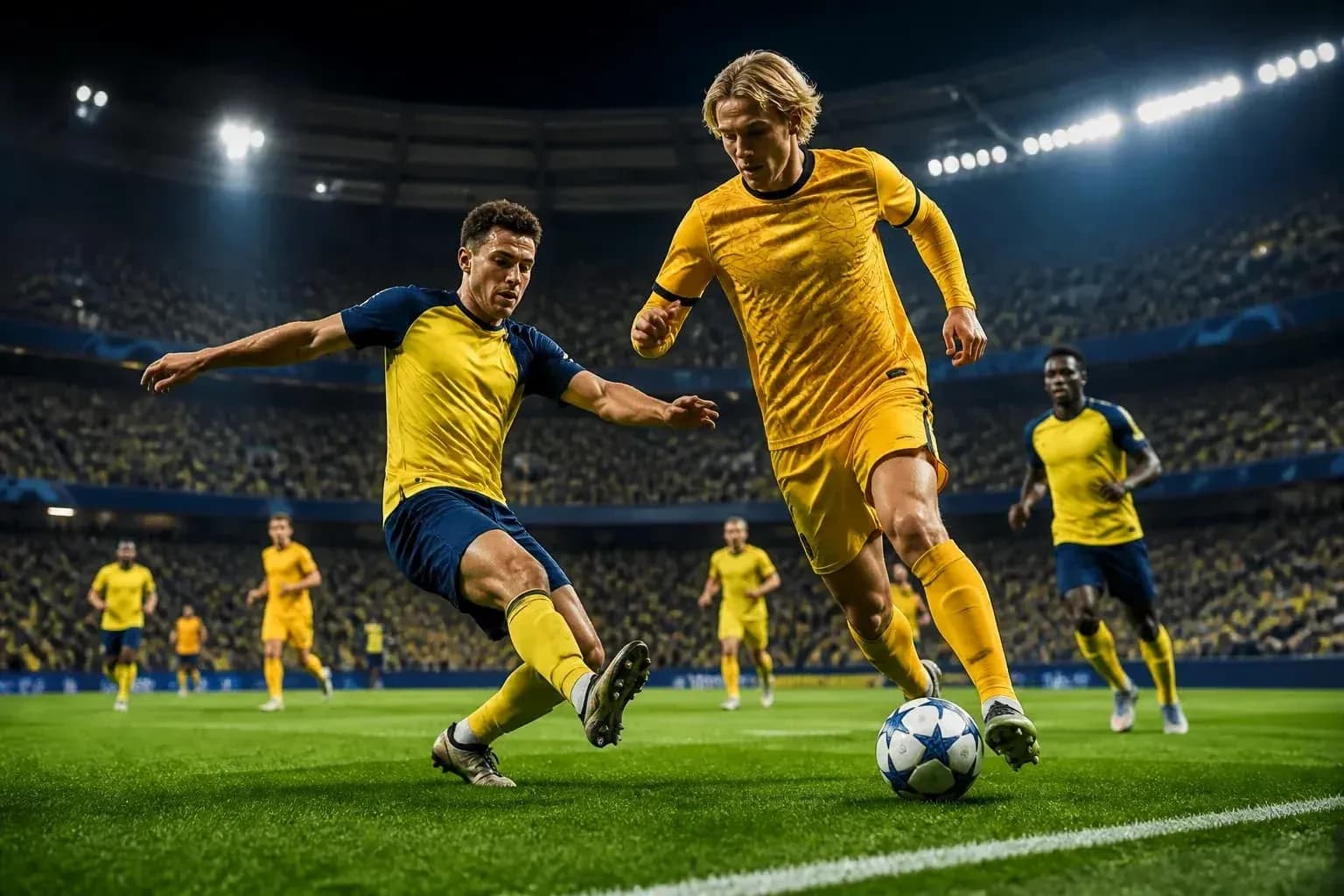 Players competing for the ball in Champions League match