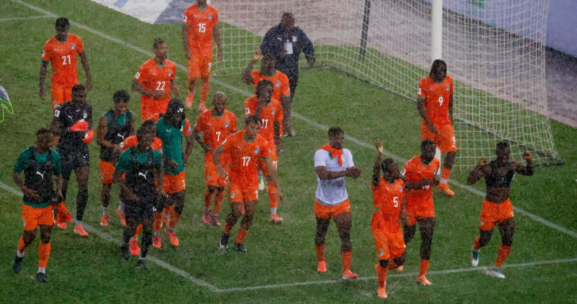 Ivory Coast players celebrating on the pitch