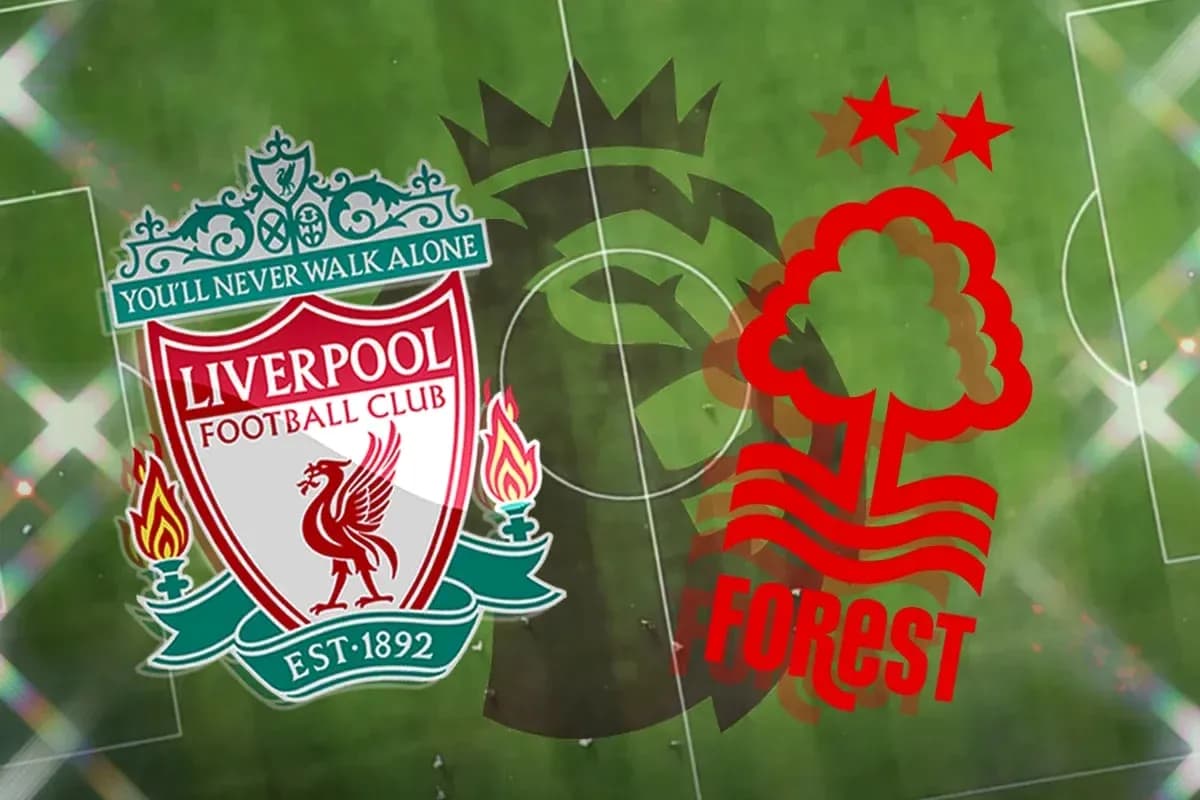 Logos of Liverpool and Nottingham Forest on pitch