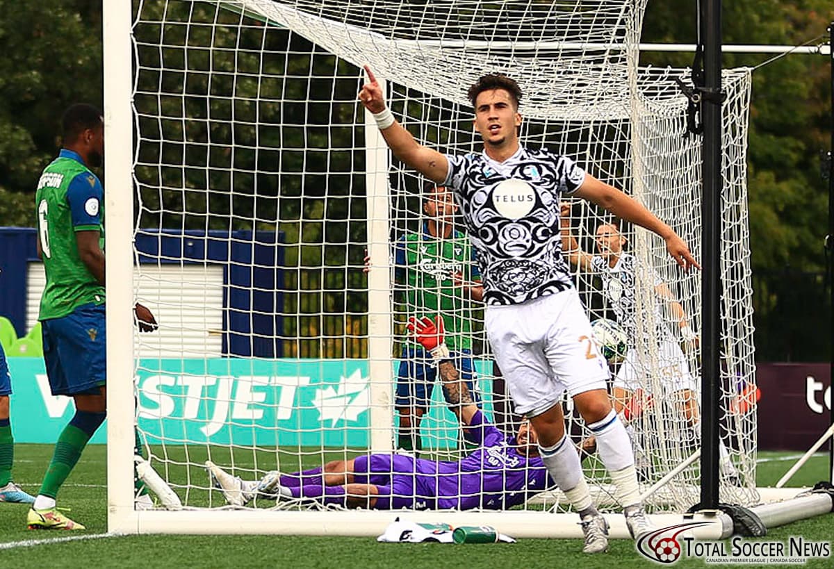 Player celebrating goal in Canadian Premier League match