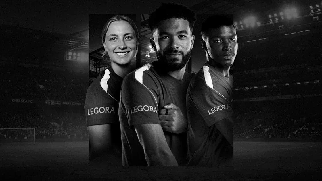 Three Chelsea FC players posing in team jerseys